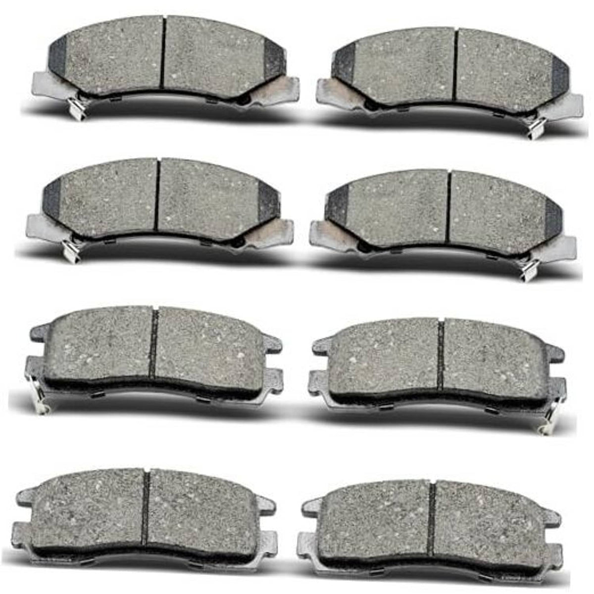 Set of gray ceramic brake pads with metal backing, front and rear pieces shown