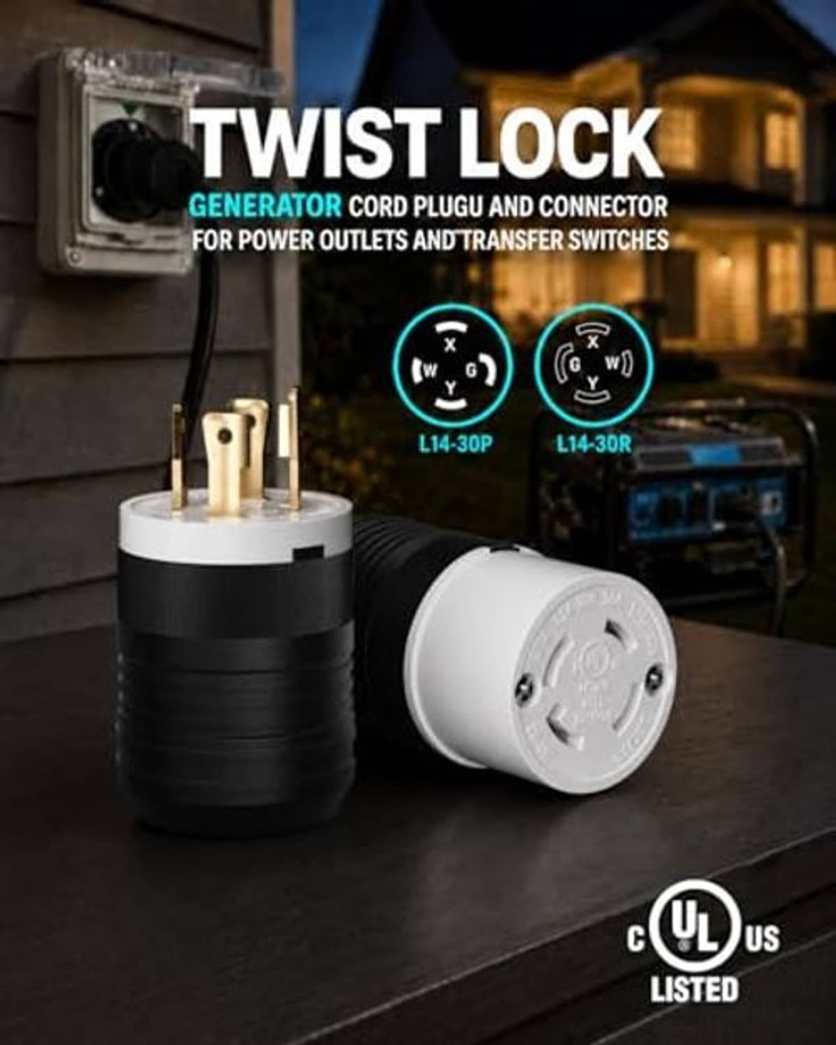 Twist-lock plug and connector pair with white faces, gold prongs, and black housings