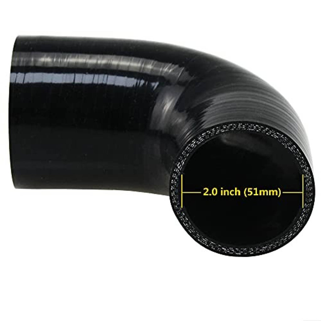 Black 90-degree silicone hose elbow, 2.0 in (51 mm) opening width label