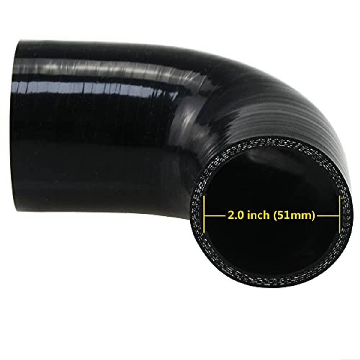 Black 90-degree silicone hose elbow, 2.0 in (51 mm) opening width label