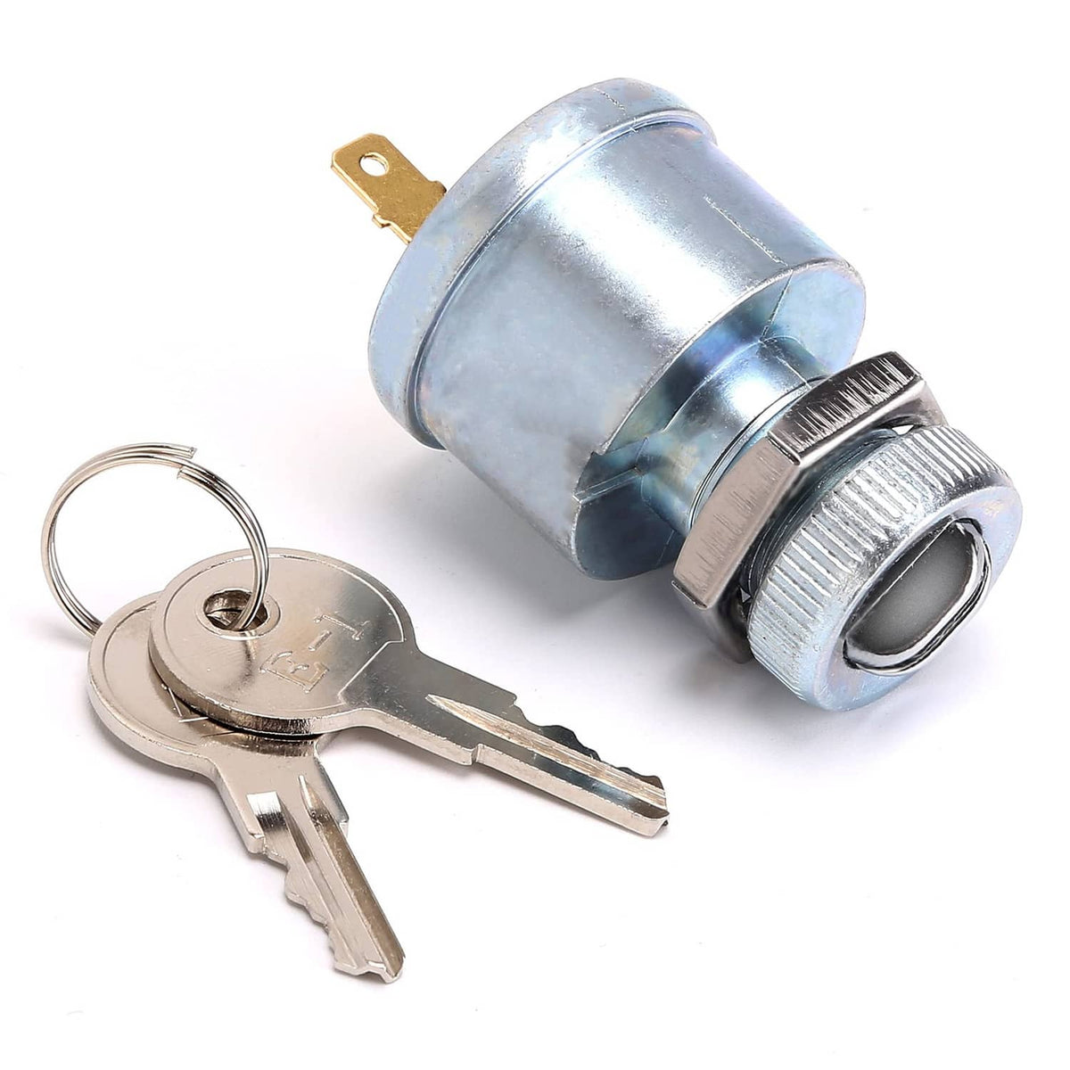 Golf cart ignition key switch with two keys, chrome-style metal cylinder and side terminals.