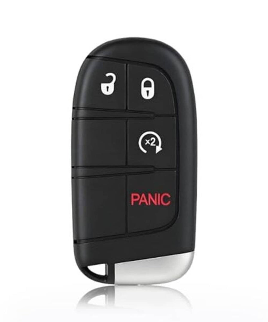 Black proximity key fob with x2 button and red PANIC label on front