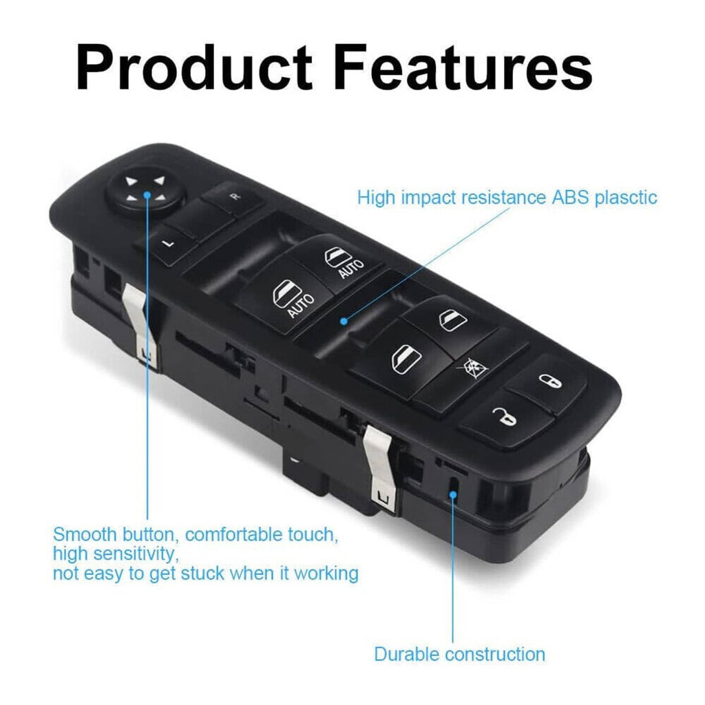 Black power window switch with smooth buttons and glossy button icons