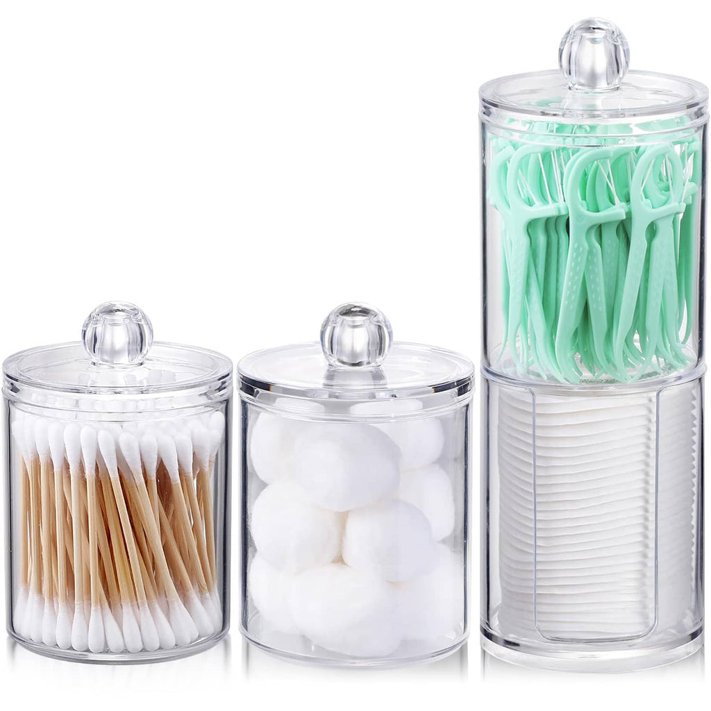 Set of clear acrylic cotton swab, cotton ball, and floss pick dispensers with lids