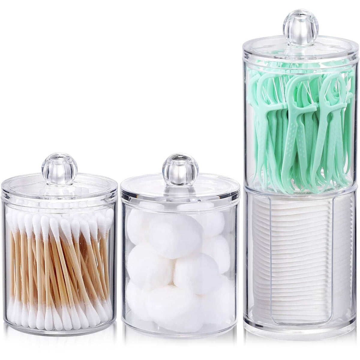 Set of clear acrylic cotton swab, cotton ball, and floss pick dispensers with lids