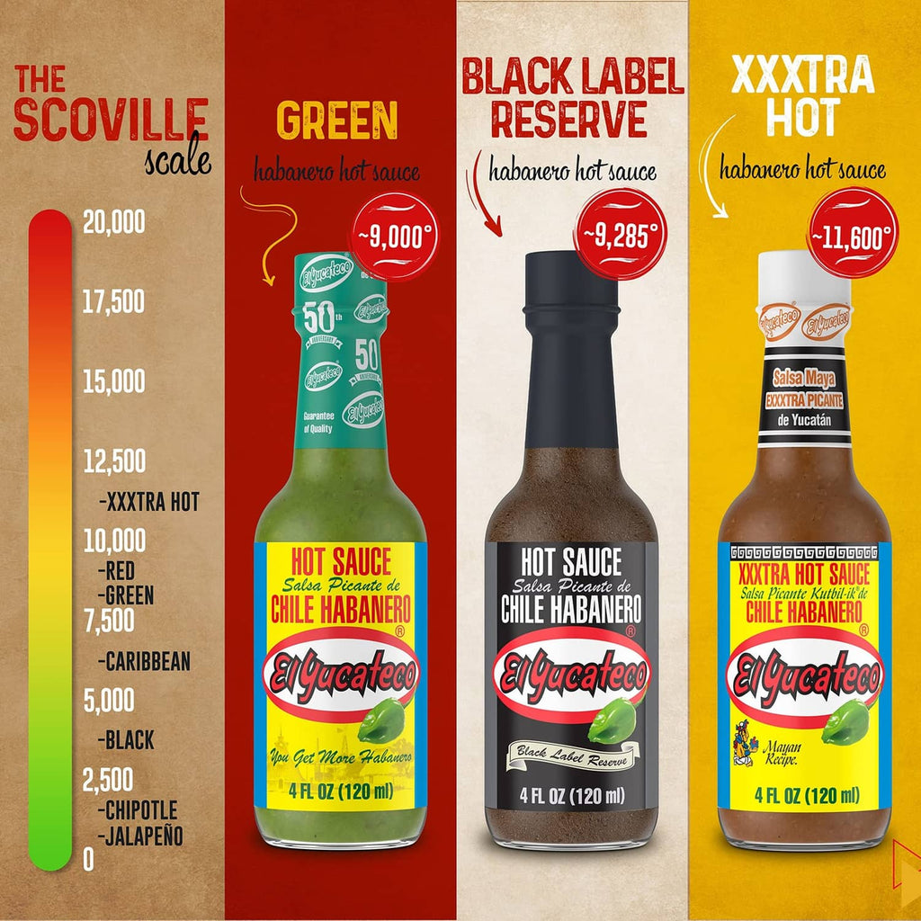 El Yucateco hot sauce bottles: green, black label reserve, and XXXTRA HOT