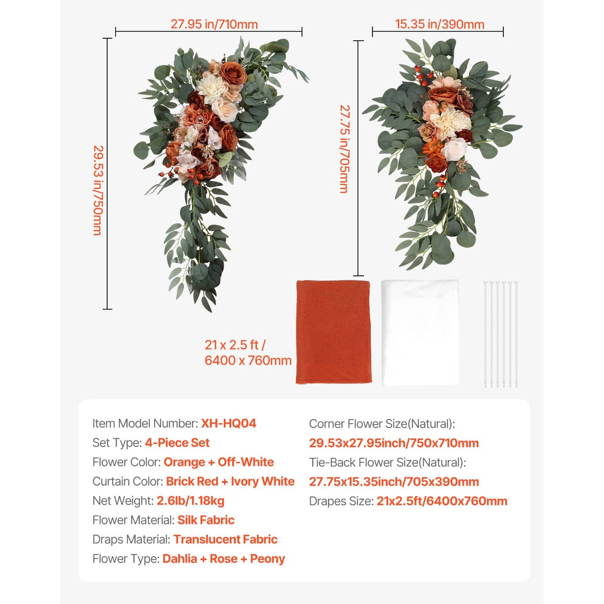 Artificial wedding arch kit parts: floral sprays, orange/off-white fabric squares, ties