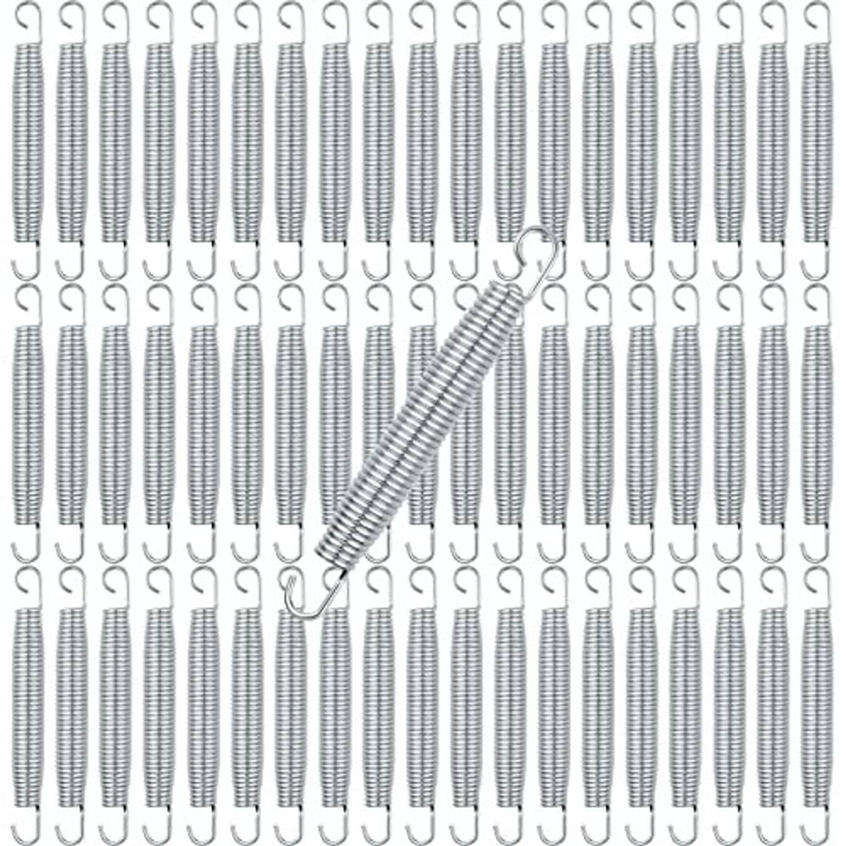 Silver trampoline replacement springs with looped hooks, heavy duty stainless steel set