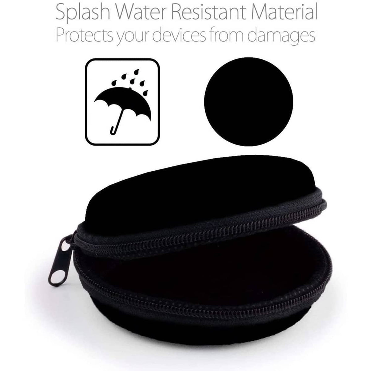 Black zippered hard-shell earphone case, compact round shape with metal zipper tab