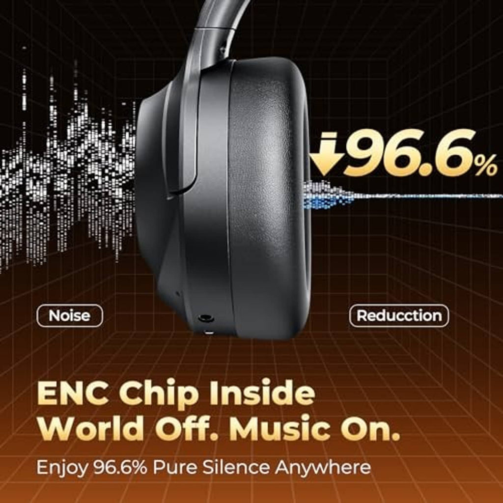 Black over-ear headphones shown from the side, with control buttons near the bottom