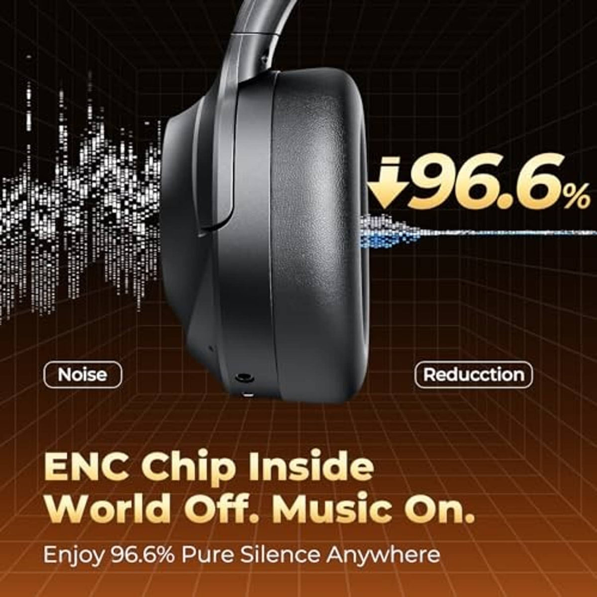 Black over-ear headphones shown from the side, with control buttons near the bottom