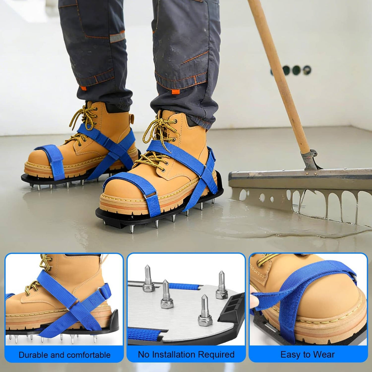 Tan lace-up spiked shoes with blue straps and black rubber soles, worn by workers