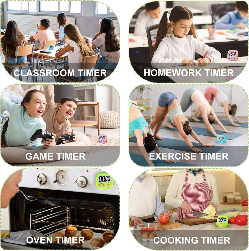 Kids digital timer shown across classroom, home, game, and kitchen scenes with small LCD unit