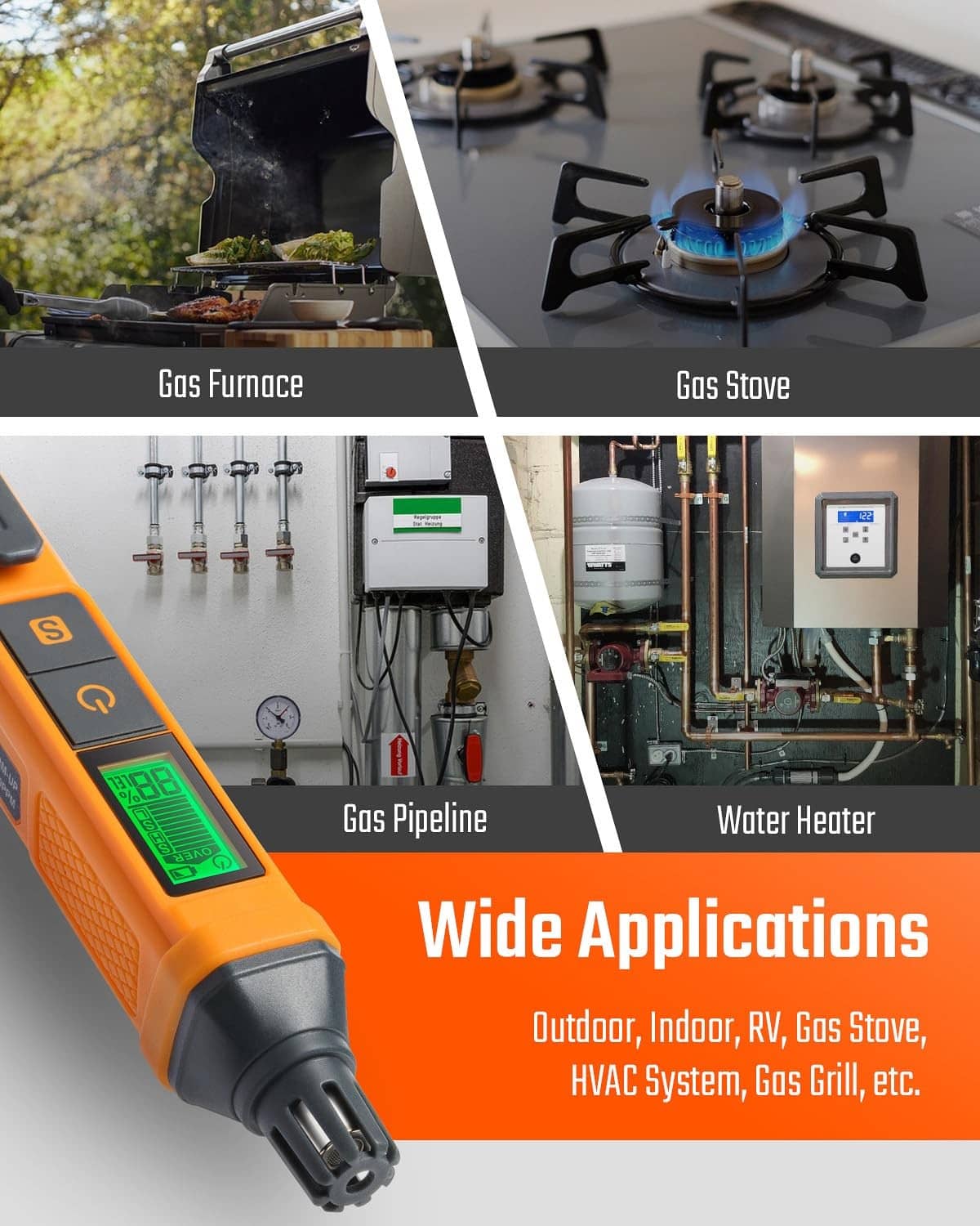 Orange portable gas detector with textured grip and green LCD readiness display.