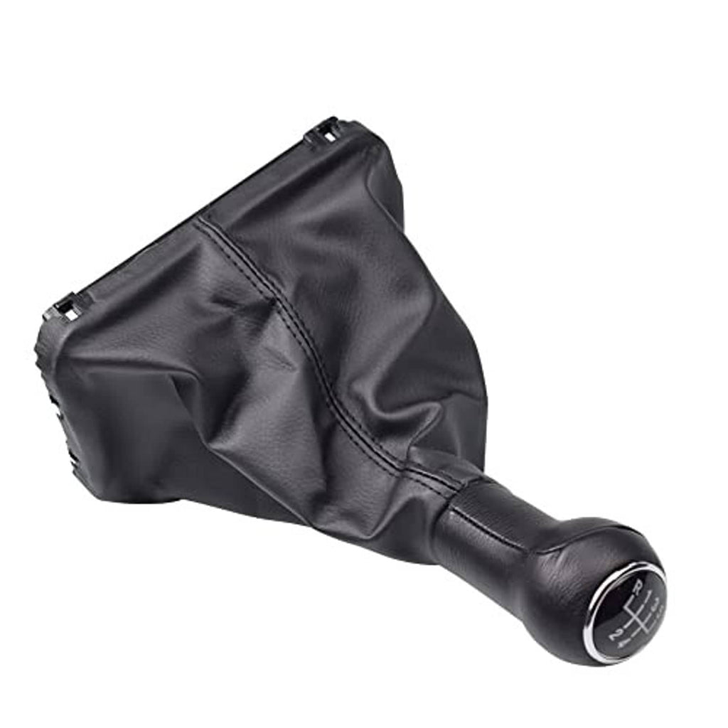 Black leather gear shift knob with boot, side angle showing gear number plate
