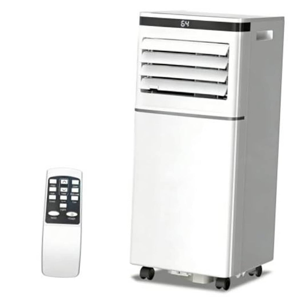 White portable air conditioner with front louvers, caster wheels, and handheld remote