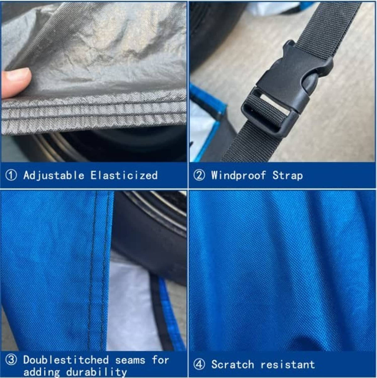 Blue tire cover close-up with adjustable elastic hem, windproof strap, reinforced seams