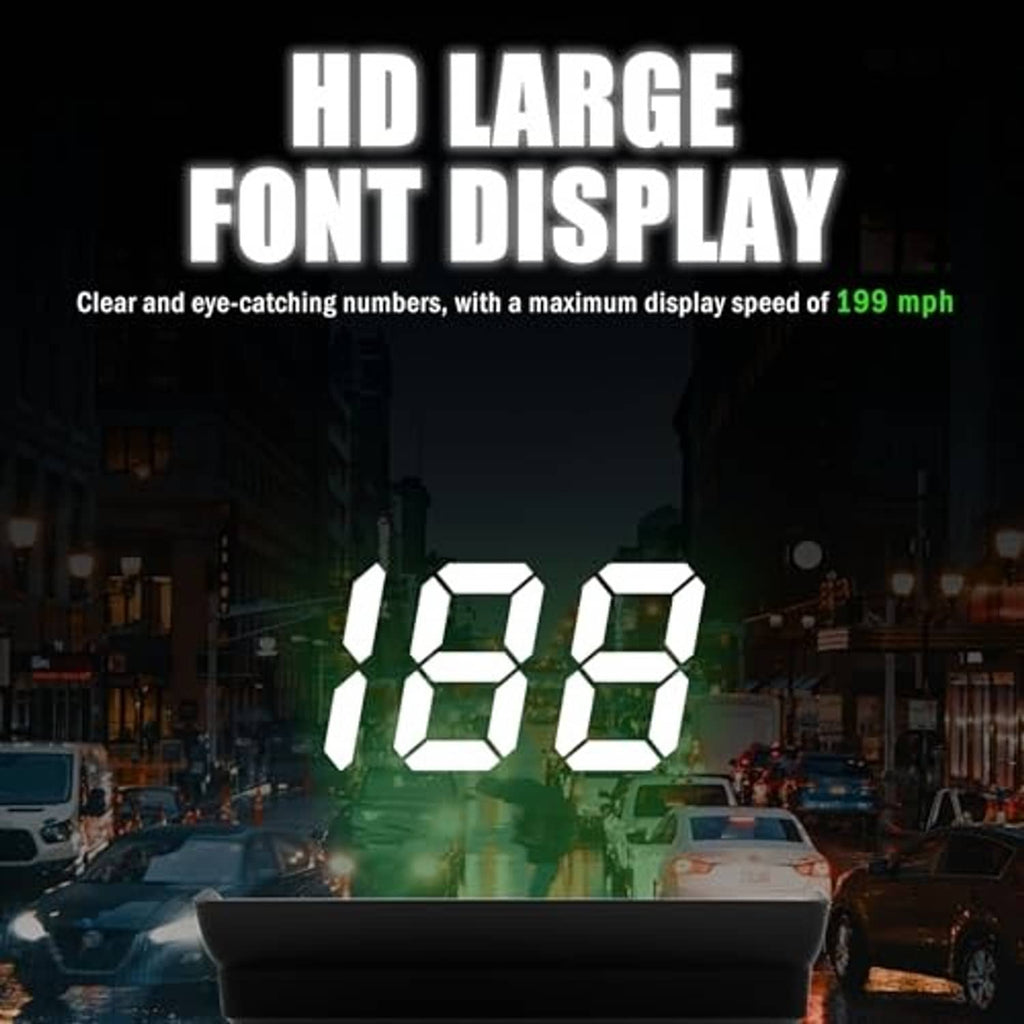 Car HUD display projecting large white digits in front of the vehicle
