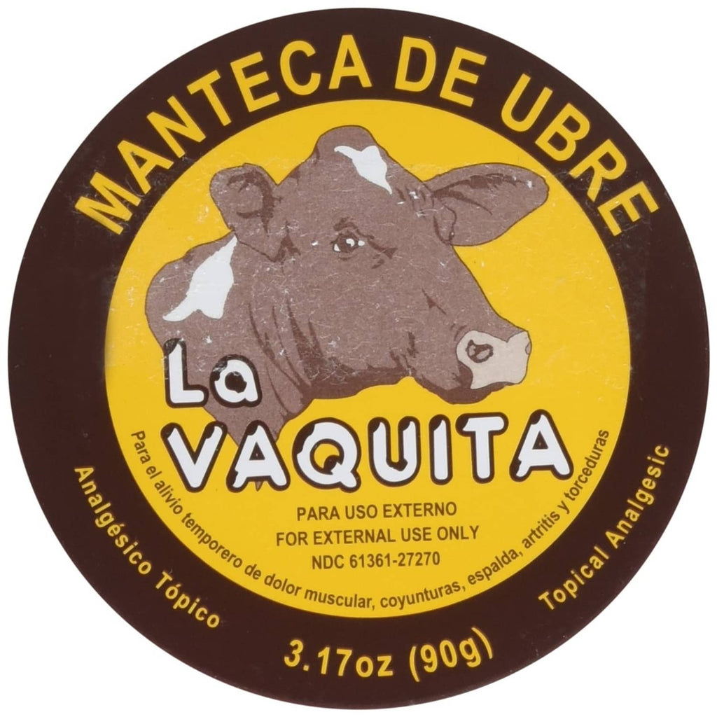 Round udder balm tin with cow graphic, La Vaquita topical analgesic label, 3.17 oz