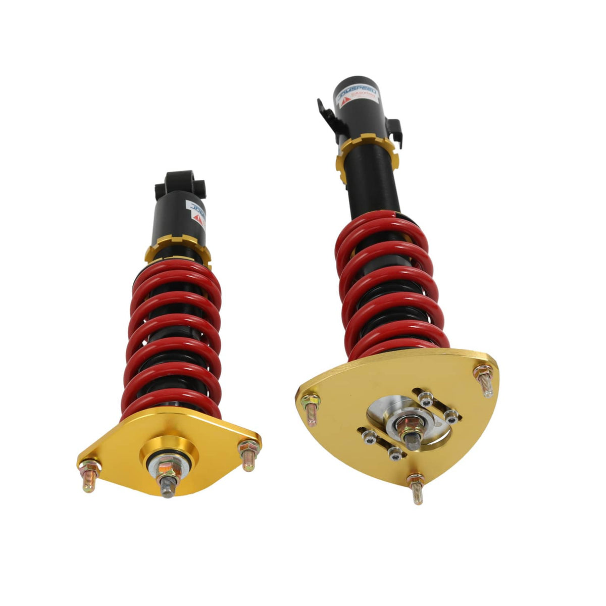 Pair of coilover struts with red springs, black bodies, gold top plates and brackets
