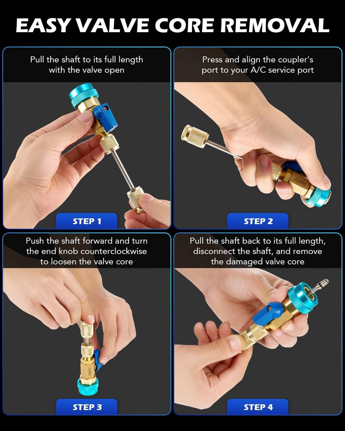 Black AC valve core removal tool with blue coupler and brass handle for R134a/R22