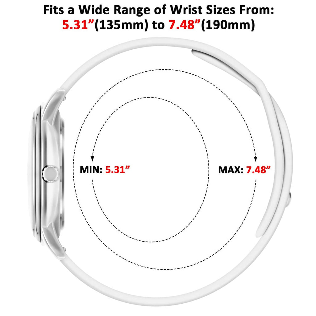 White TKIIOER nurse watch shown with wrist-fit range 5.31–7.48 in silicone strap