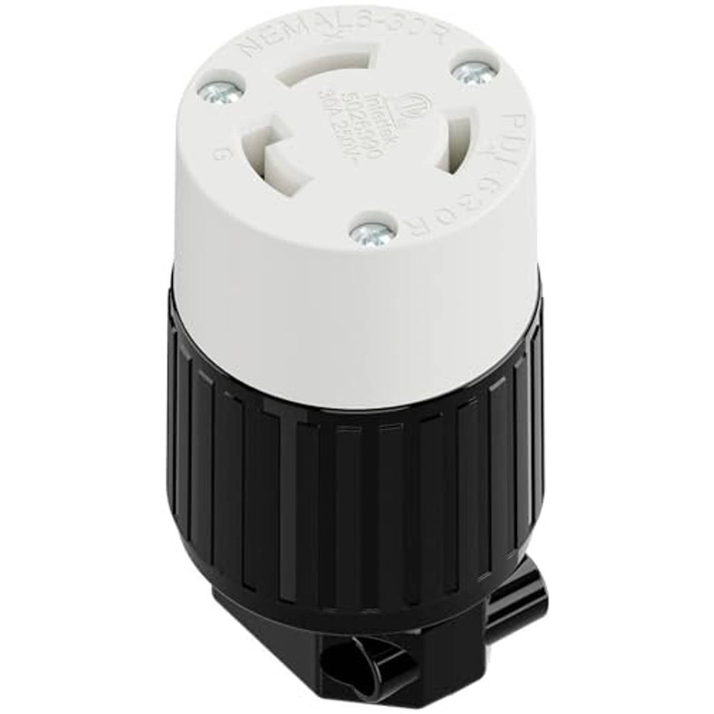 NEMA L6-30R locking plug receptacle, white top and black ribbed twist-lock base