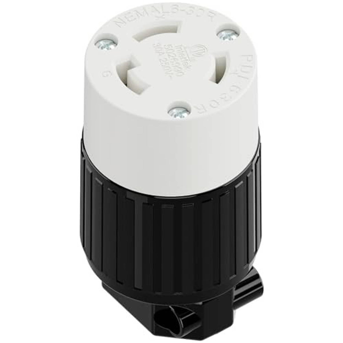 NEMA L6-30R locking plug receptacle, white top and black ribbed twist-lock base