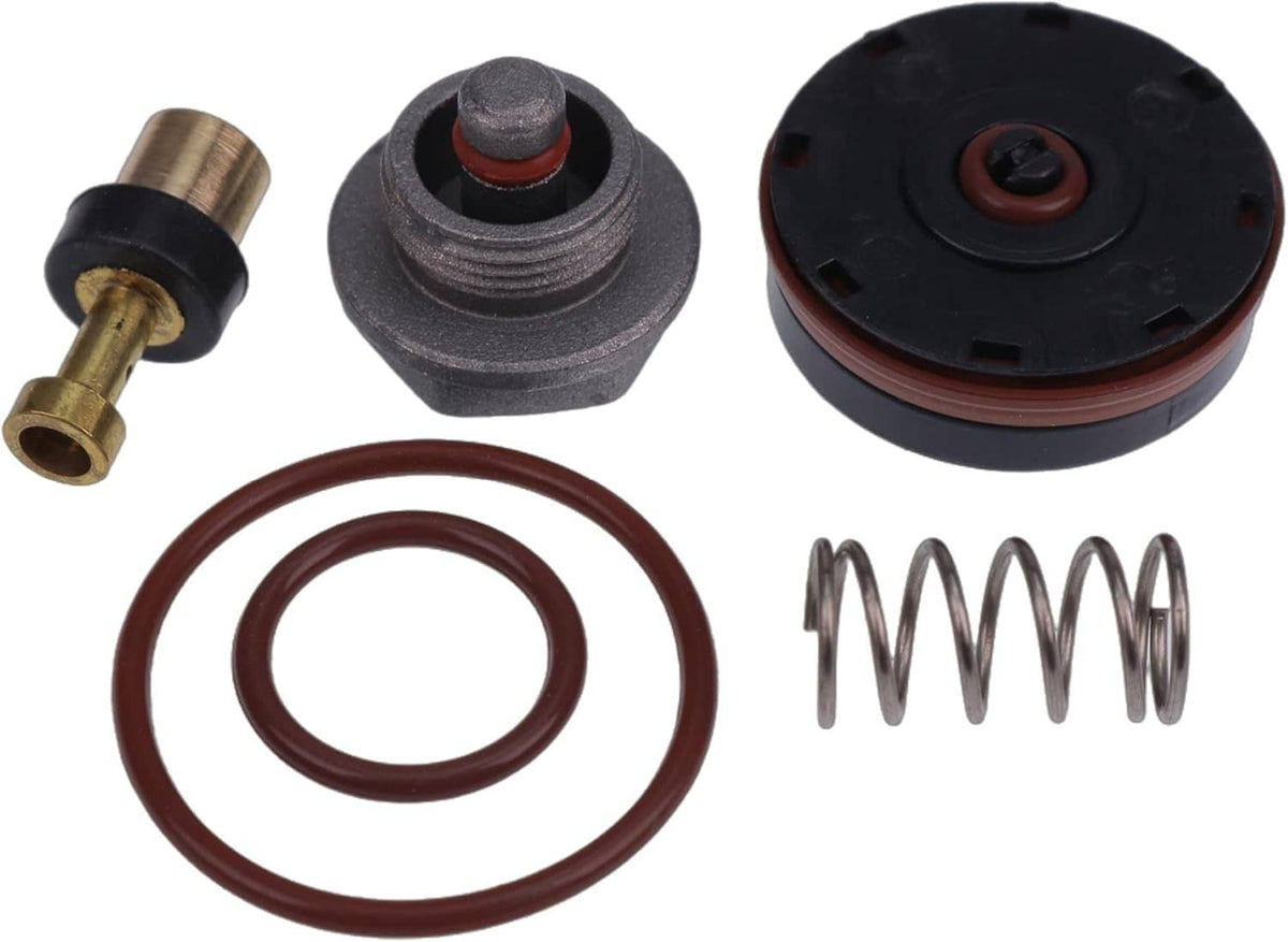 Repair kit components for air compressor regulator: brass fittings, diaphragm parts, O-ring, spring