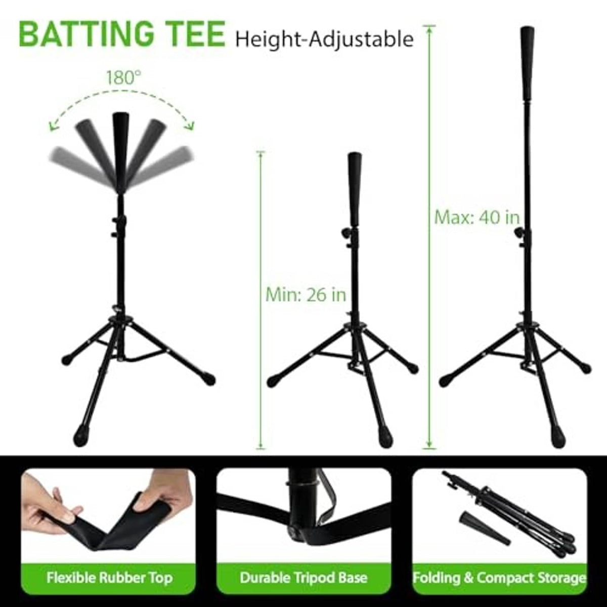 Height-adjustable batting tee with black tripod base and flexible rubber top