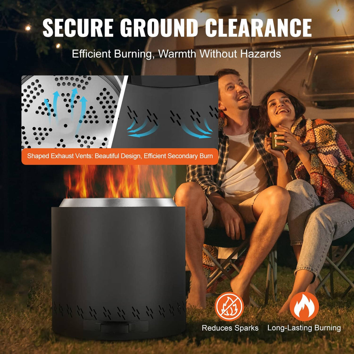 Black fire pit stove with flames inside and side vent pattern