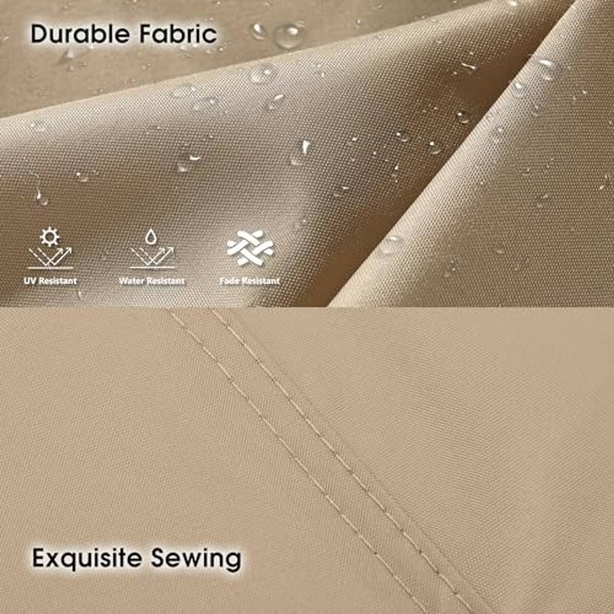 Beige durable canopy fabric with water droplets and UV/water/fade resistance icons