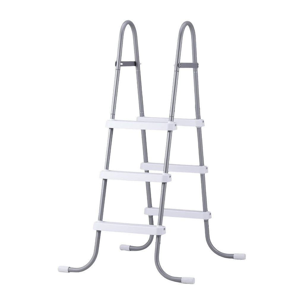 3-step A-frame pool ladder with white cross bars and grey curved rails