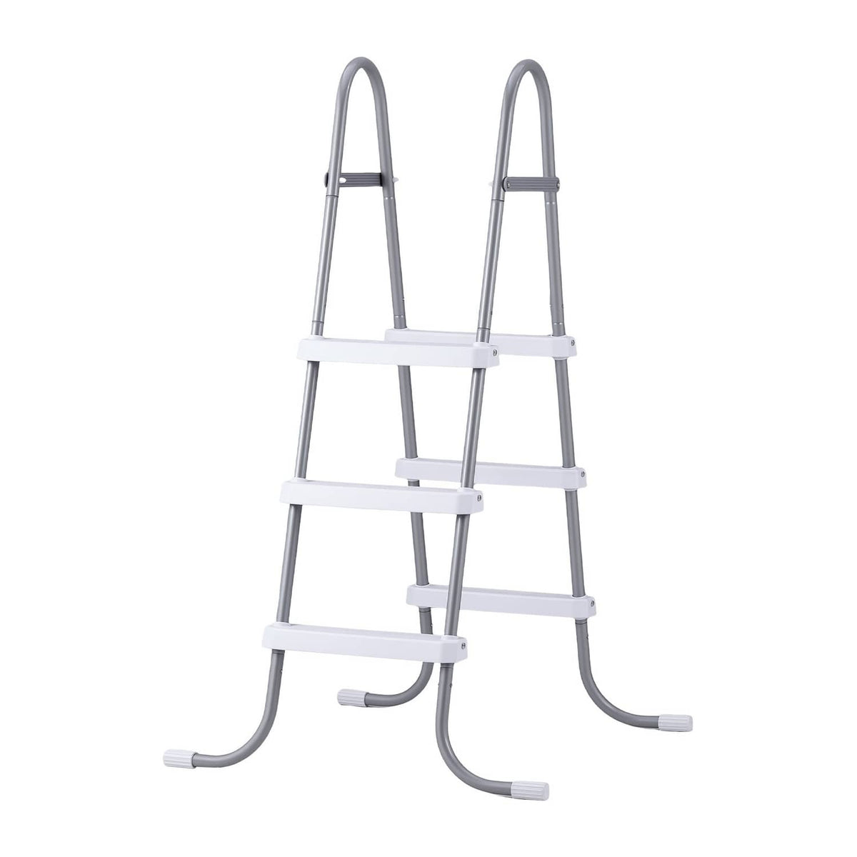 3-step A-frame pool ladder with white cross bars and grey curved rails