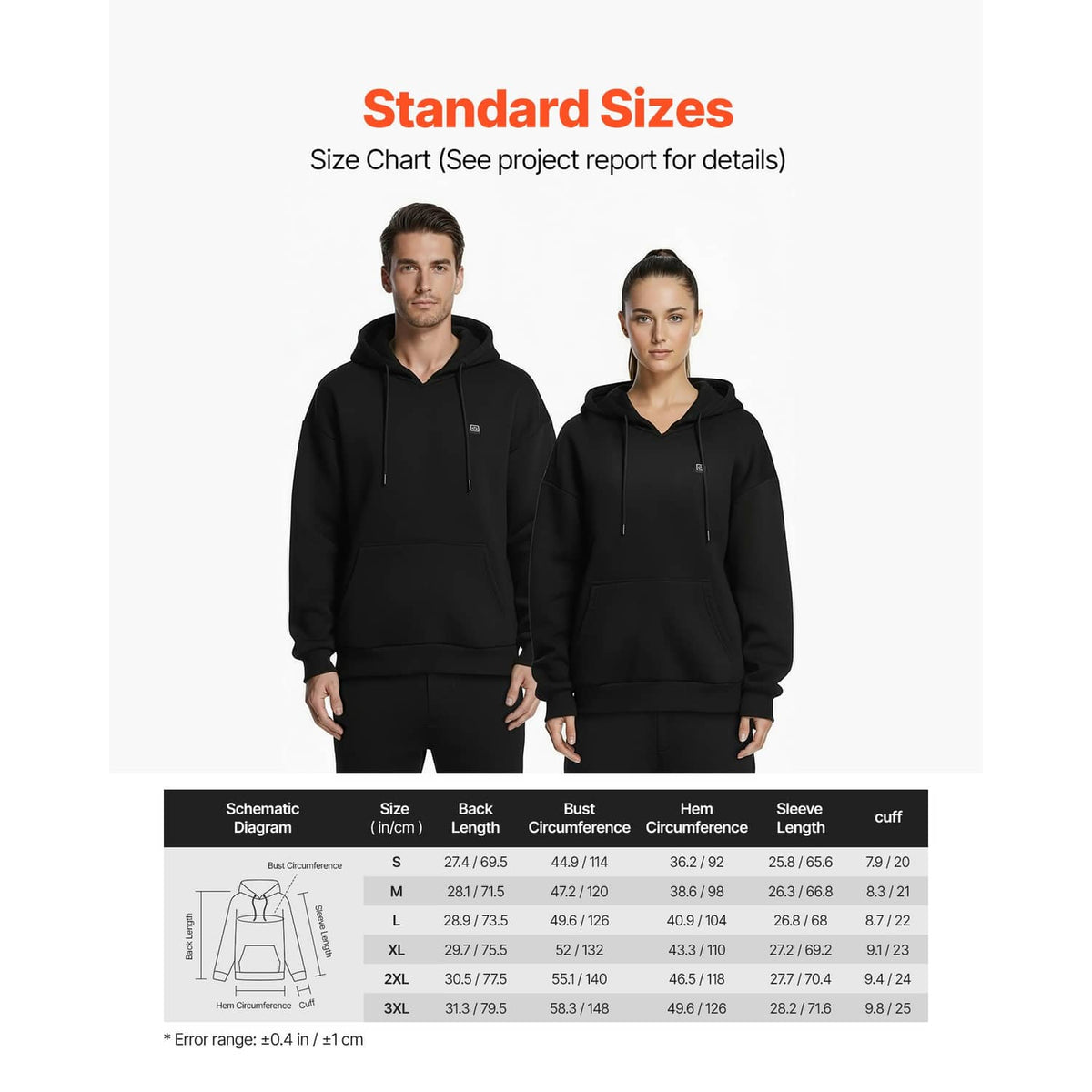 Heated hoodie jacket size chart view with model front shots in black