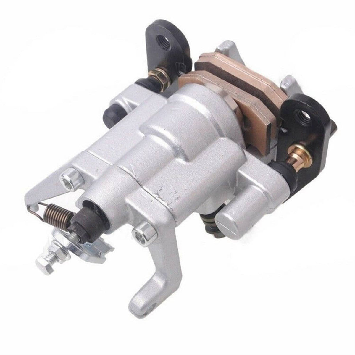 Rear brake caliper with pads, angled view with silver caliper and brown pad backing
