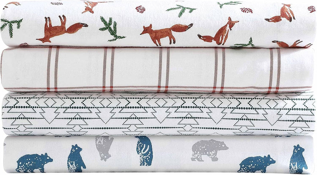 Queen sheet set stack with white fabric, multicolor animal print and brown plaid stripes