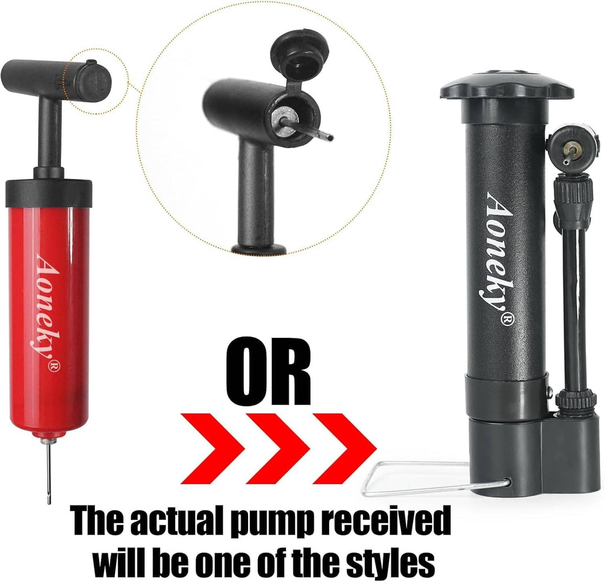 Air inflator pump set with red and black pumps and hose/needle attachments
