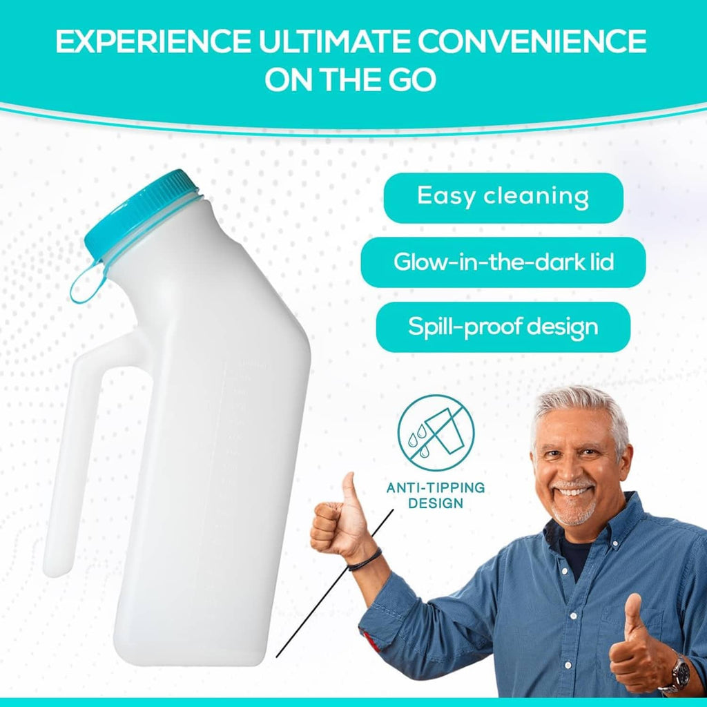 Men's portable urinal bottle with teal cap, anti-tipping design and easy-clean setup