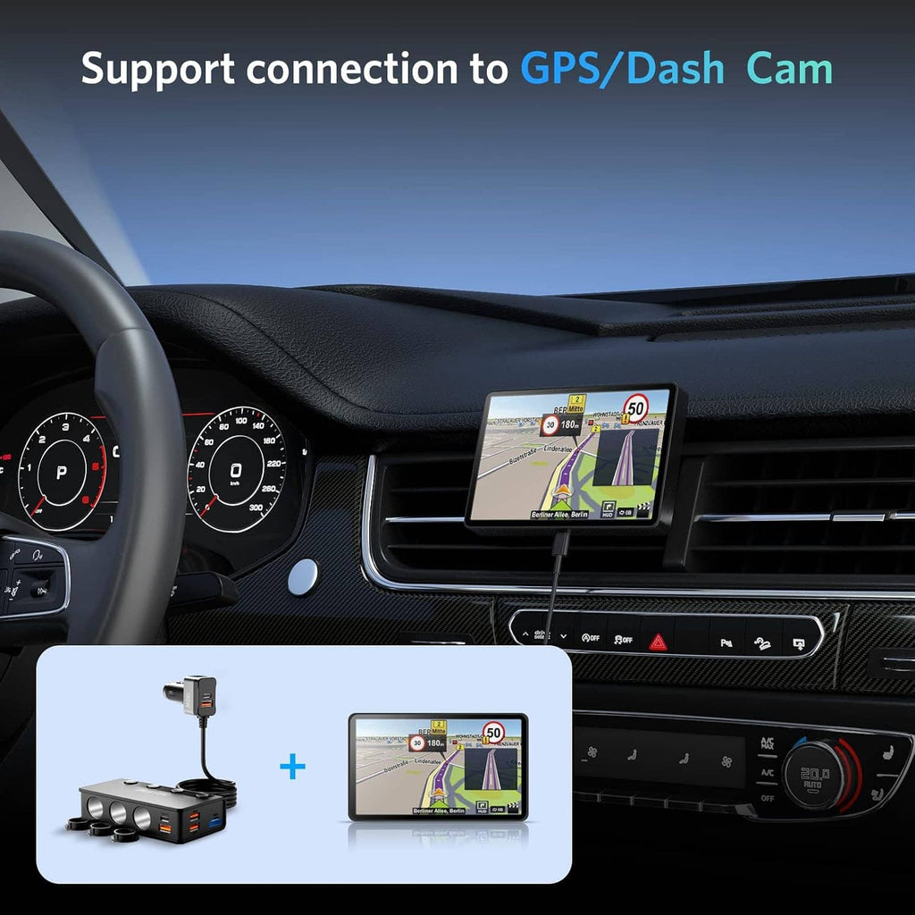 Car charger splitter supporting GPS and dash cam power, shown with a connected adapter