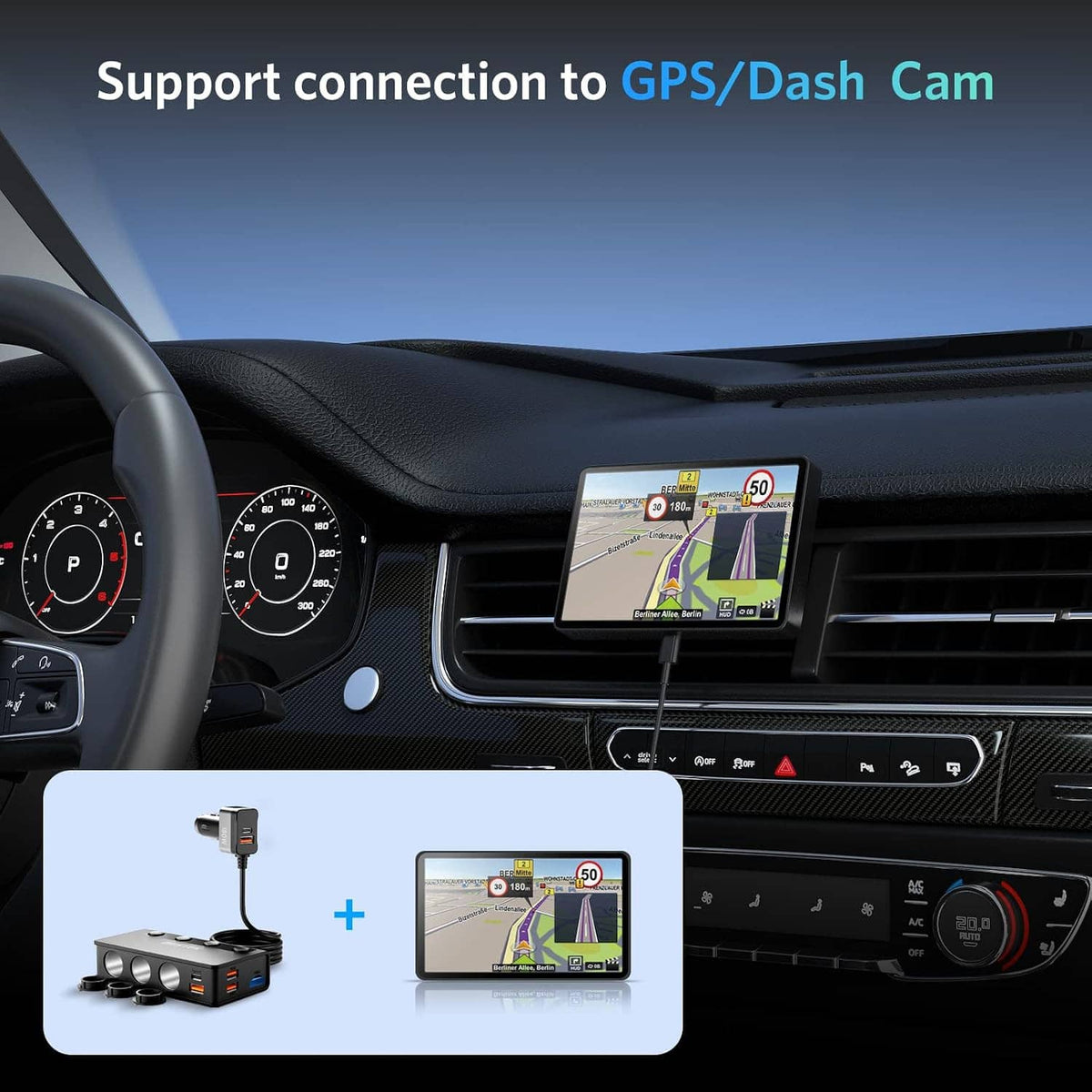 Car charger splitter supporting GPS and dash cam power, shown with a connected adapter