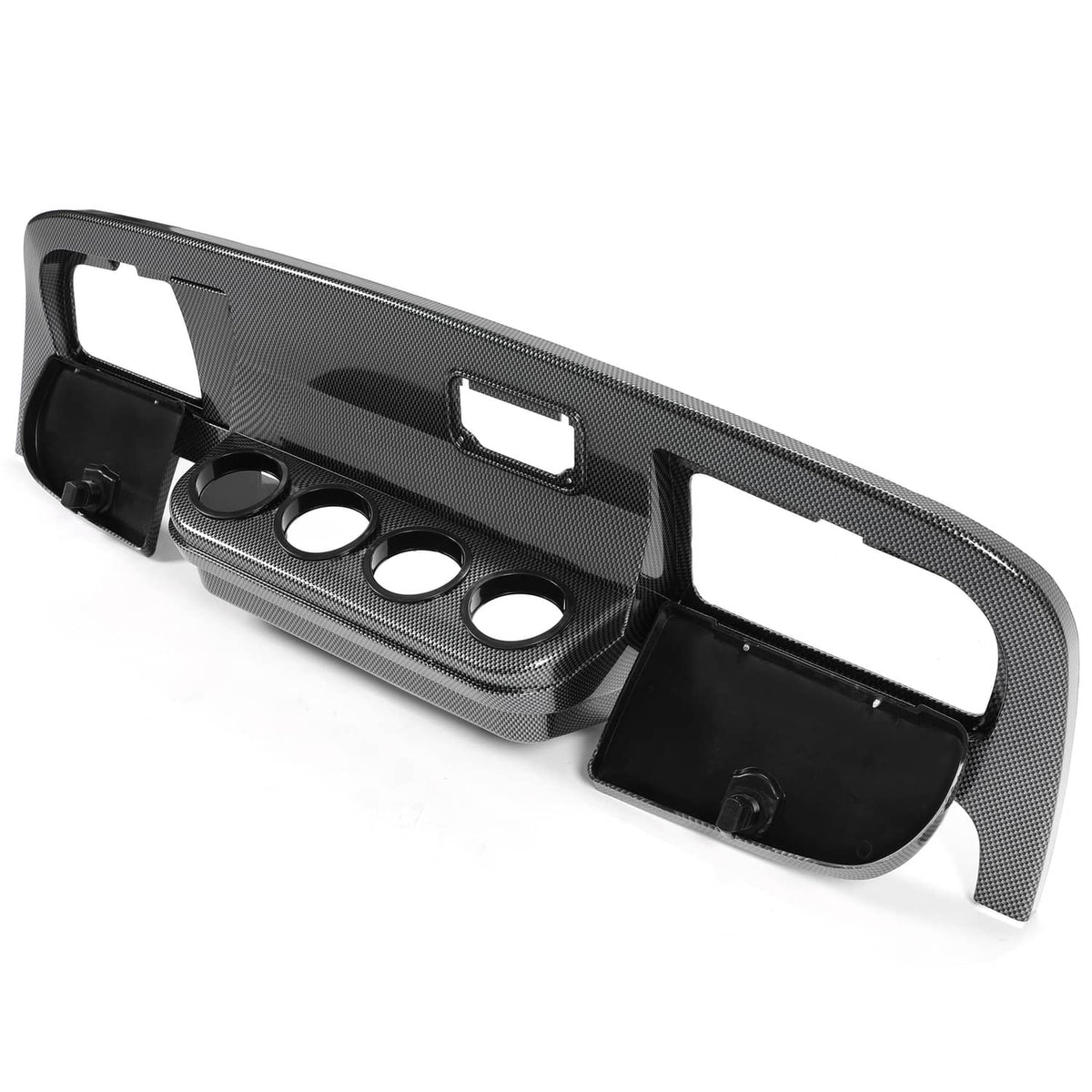 Dark gray carbon-fiber dash cover with large opening and side storage pocket