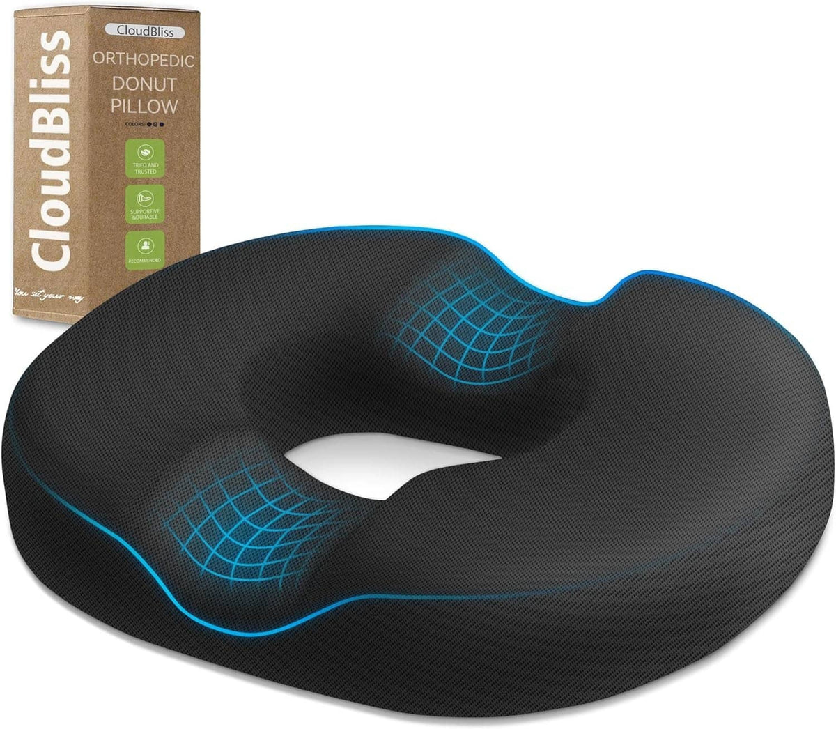 Black donut seat cushion pillow with center hole and blue grid support lines