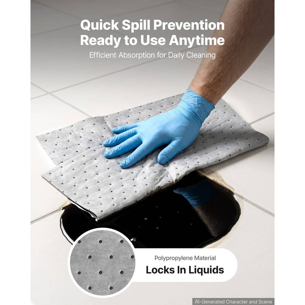 Gray absorbent pad sheet with dotted holes, laid flat to help block and soak spills