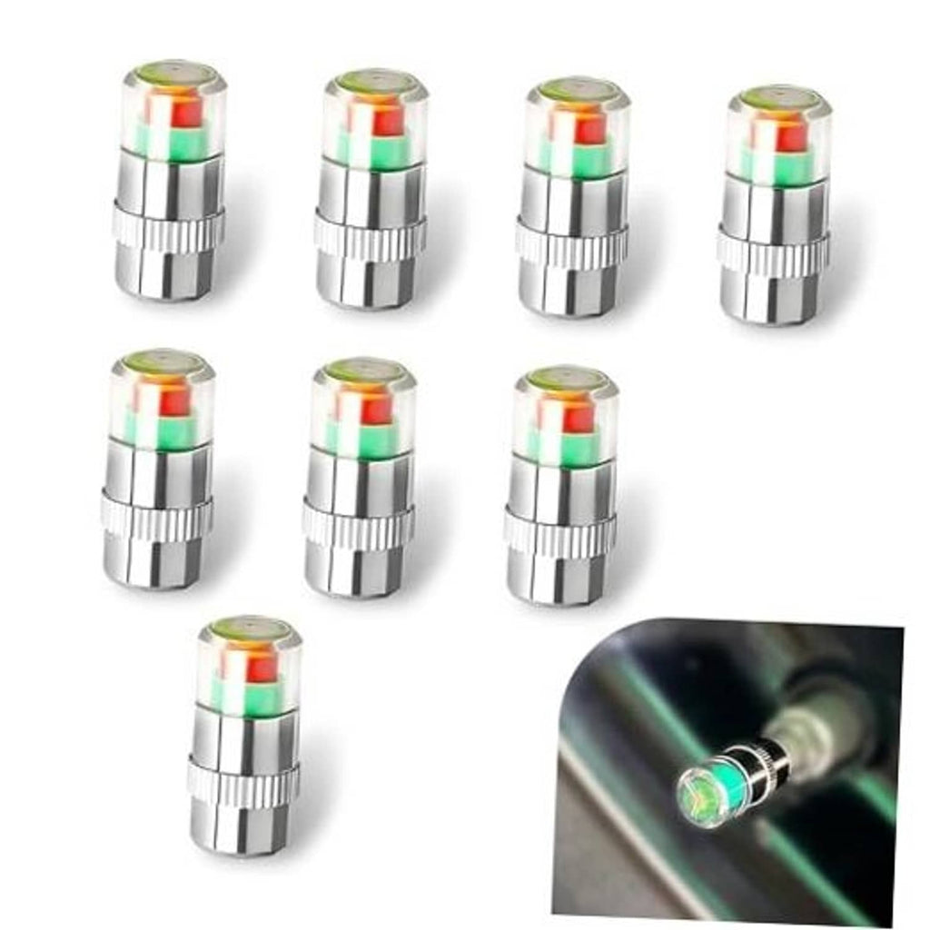 Car tire pressure monitor valve stem caps set, silver metal with colored indicator window
