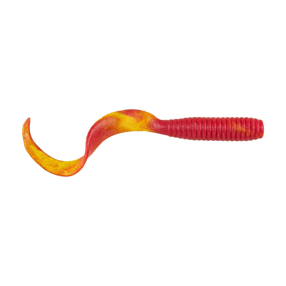 Berkley Gulp soft fishing bait, red segmented worm with orange-yellow curved tail