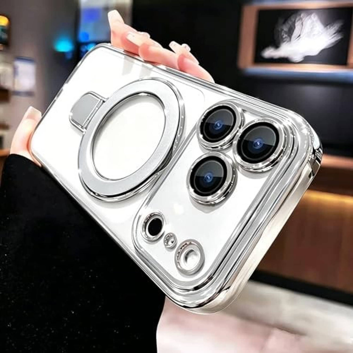 Silvery transparent iPhone case with magnetic ring holder and triple camera cutouts
