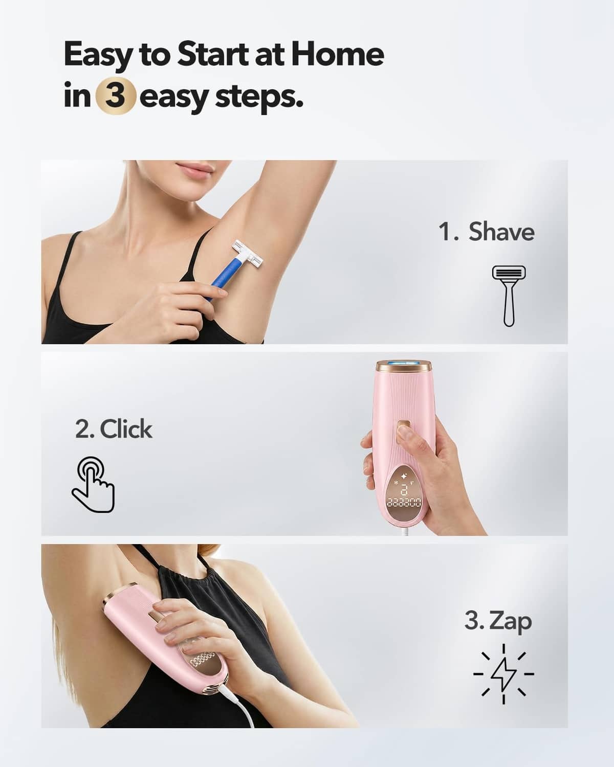 IPL device start-at-home steps infographic with pink handheld unit.