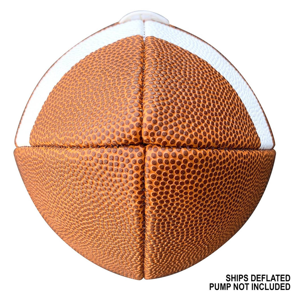 Top view of youth composite football showing four-panel seam and white lace area