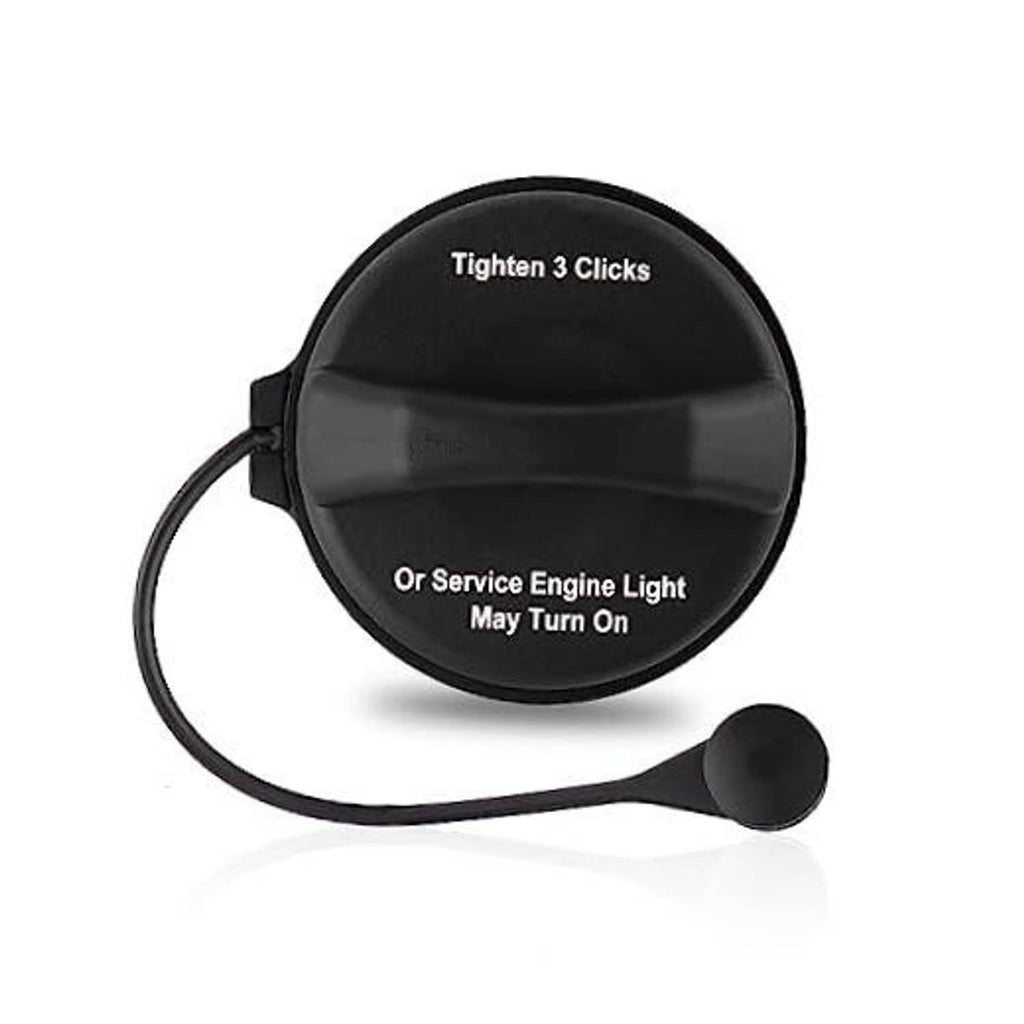 Black fuel tank cap with tightening indicator and attached tether cord